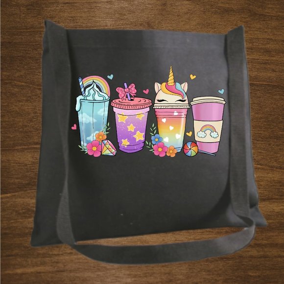 Unicorn Cup Drinks Crossbody Messenger Cotton Canvas Tote Bag with Long Strap - Picture 4 of 6